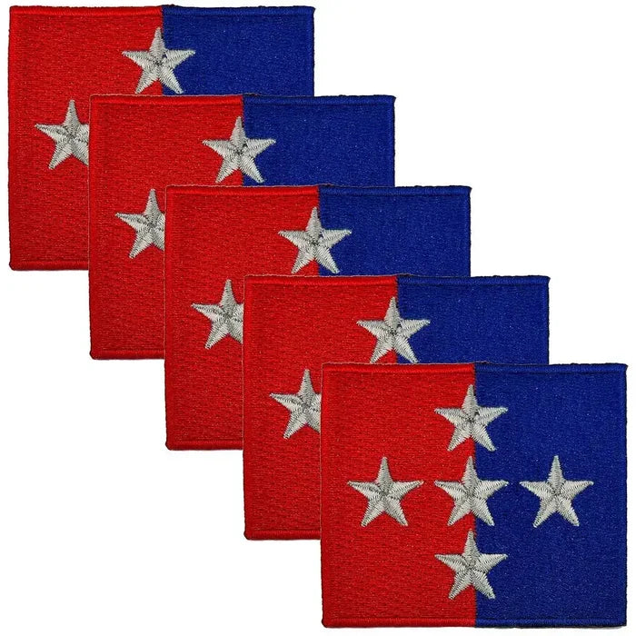 Pack of five 1 Royal Military Police Brigade TRF iron or sew on patches with red-blue background and silver stars, ideal for military uniforms. 5 Pack from John Bull Clothing