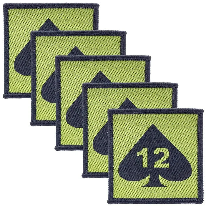 Pack of five 12 Armoured Infantry Brigade TRF hook & loop patches, green fabric with black spade and number 12 design for military uniforms. 5 Pack from John Bull Clothing