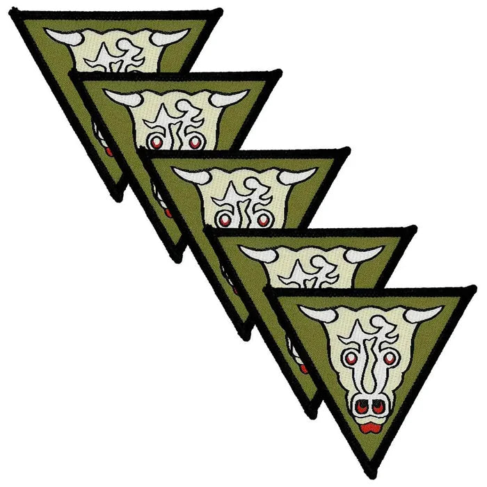 Set of five 32 Engineer Regiment Iron On TRF Badge Winston Bull patches with a green background, white bull emblem, and black border for military uniforms. 5 Pack from John Bull Clothing