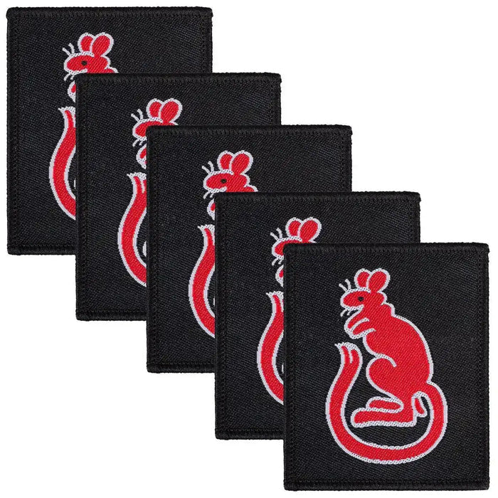Set of five 7th Infantry Brigade TRF Desert Rats patches in black with red rat design, iron or sew-on for military uniform customization. Red (Coloured) from John Bull Clothing