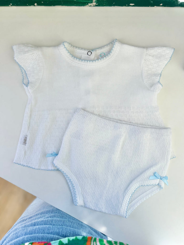 Paty - Angel Sleeve Diaper Set - White with Blue Trim