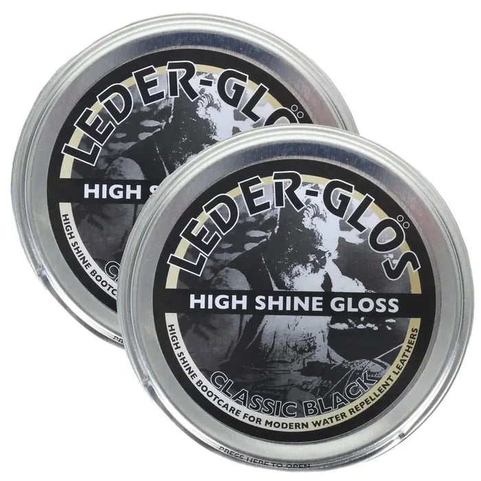 Twin pack of Altberg Leder-Glos Classic Black high shine polish tins, designed for water repellent leather boot care and long-lasting gloss. Black (2 Tins) from John Bull Clothing