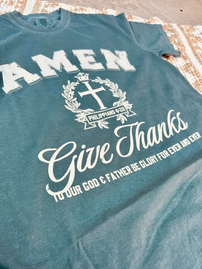 Amen Give Thanks Blue Spruce Comfort Colors Tee
