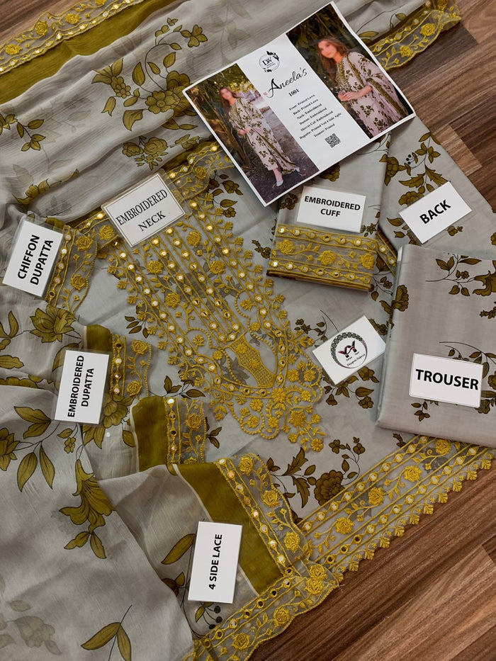 Printed chiffon dupatta with 4-side embroidered lace and mirror work detail.