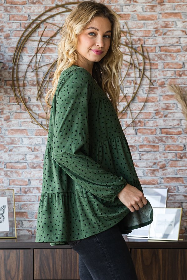 Apple Picking Olive Green Polka Dot Top