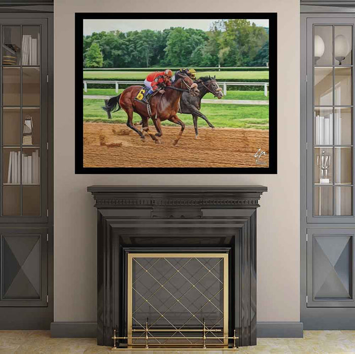 48x60 inch Neck in Neck Horse Race Decal Installed Above Fireplace