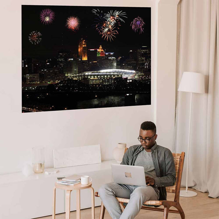 48x60 inch Paul Brown Stadium Fireworks Poster Displayed on Wall