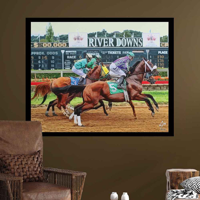 48x60 inch River Downs Horse Race Decal Installed Above Chari