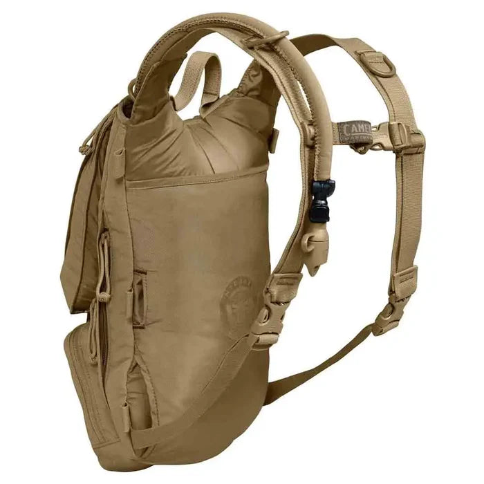 Side view of Camelbak Ambush 3L Mil Spec Crux Short Hydration Pack in coyote brown, highlighting adjustable shoulder straps and ergonomic design for comfort. from John Bull Clothing