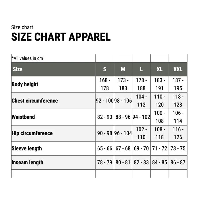 Size chart for Carinthia TLG Jacket G-Loft Multicam, providing measurements for body height, chest, waist, hip circumference, and sleeve length. from John Bull Clothing