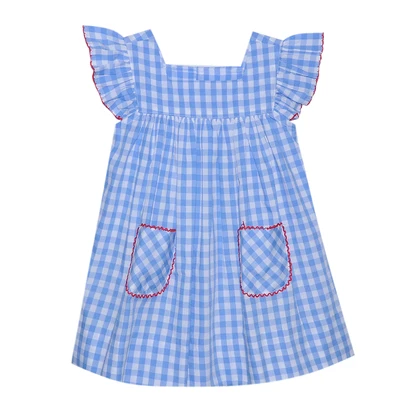 Dress - Blue Gingham with Red Trim
