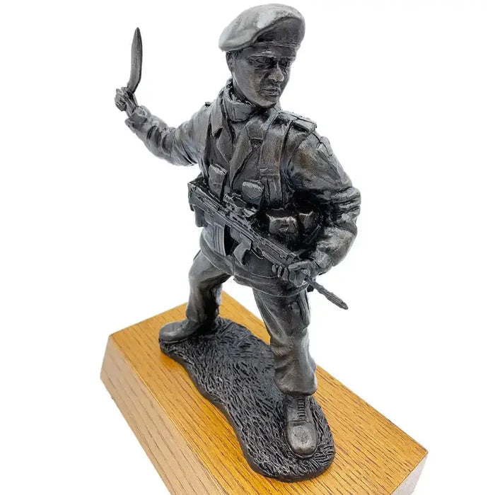 Angled top view of Gurkha with Kukri bronze resin statue emphasizing facial expression and dynamic pose, a standout sculpture for army memorabilia fans. from John Bull Clothing