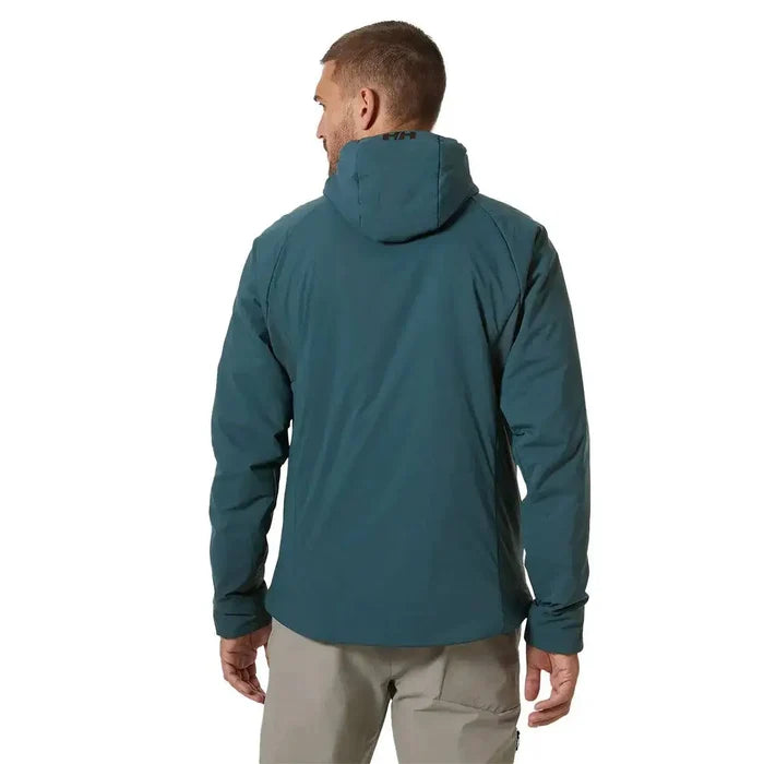 Rear view of a model wearing the Helly Hansen Odin Stretch Hood Insulator 2.0 Jacket, showcasing its ergonomic fit and insulated hood for outdoor performance. from John Bull Clothing