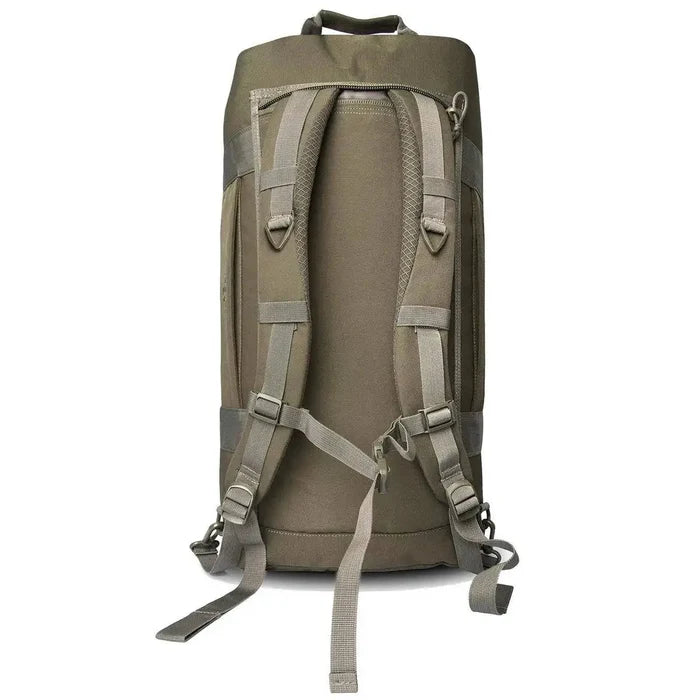Back view of Highlander Loader 100L Holdall Bag Gen2 in olive green, featuring padded backpack straps for comfortable carrying and reinforced stitching. from John Bull Clothing