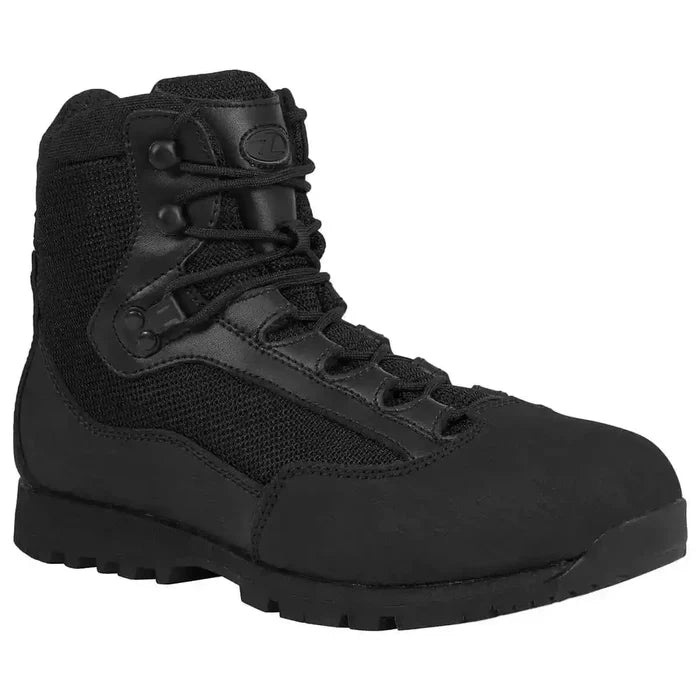 Side view of Highlander Pentland Black Military Boot featuring reinforced toe and lace-up design for secure fit and long-lasting wear. from John Bull Clothing