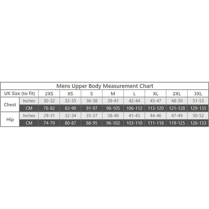 Men’s upper body size chart for Keela Tactical UBAC Combat Shirt Multicam, detailing chest and hip measurements in inches and centimeters. from John Bull Clothing