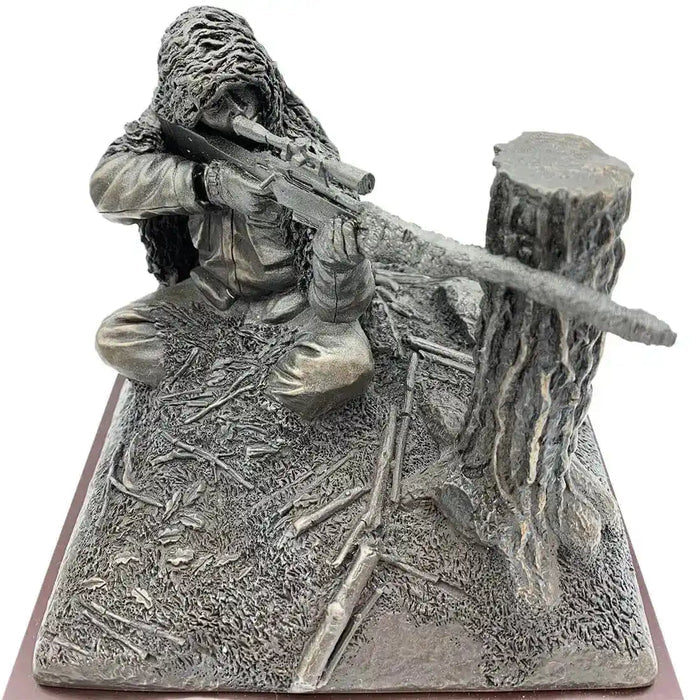 Close-up front view of Kneeling Sniper Bronze Resin Figurine highlighting lifelike sniper pose and intricate casting, perfect for military-themed decor. from John Bull Clothing