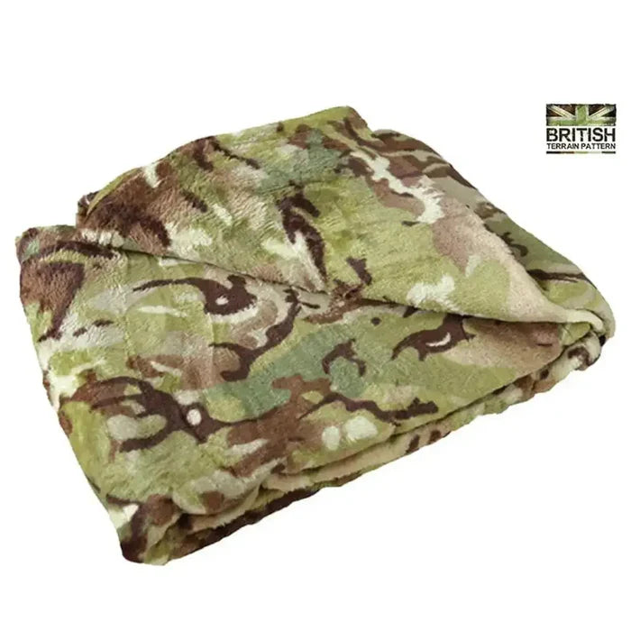 Kombat Kids BTP Fleece Army Blanket unfolded, showcasing its soft fleece material and British Terrain Pattern camouflage design. Perfect for camping and survival kits. from John Bull Clothing