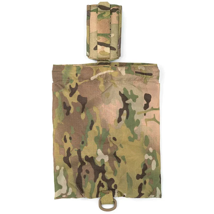Multicam camouflage dump pouch made of durable Cordura fabric with a top flap and side pouch for holding magazines and gear, featuring a metal D-ring at the bottom for attachment.