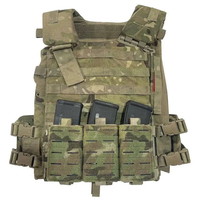 Luminae Multicam Triple Mag Pouch with Kydex Inserts mounted on a tactical vest, demonstrating its secure fit and rapid access to 5.56 magazines. from John Bull Clothing