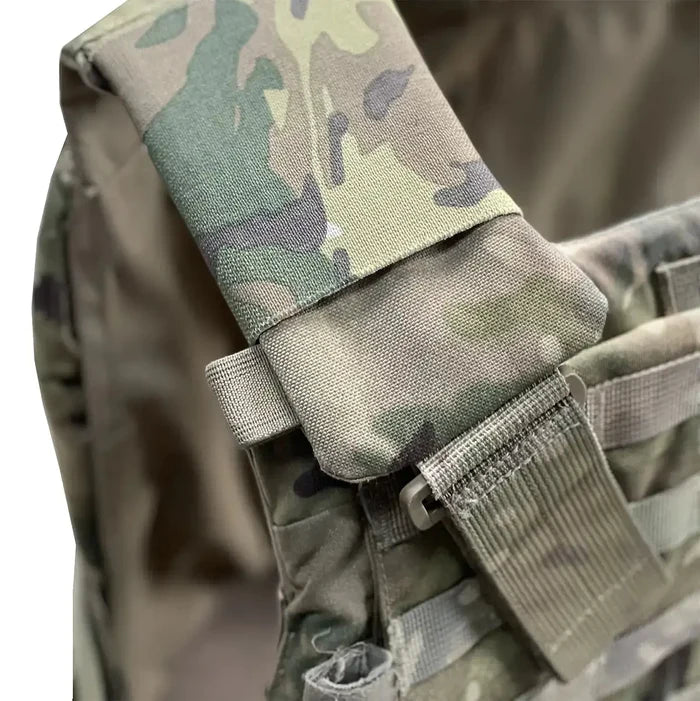Close-up of Luminae Virtus Shoulder Sleeves installed on tactical vest, highlighting compact fit and heavy-duty Cordura material from John Bull Clothing
