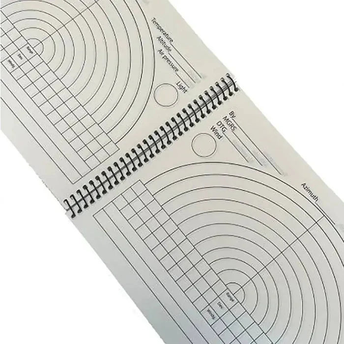 Modestone Snipers Waterproof Logbook A5 showing circular shooting data charts for tracking environmental conditions and ballistic performance. from John Bull Clothing