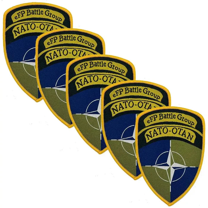 Set of five Nato eFP Battle Group Iron On TRF Flash patches featuring the NATO-OTAN emblem, perfect for military uniforms and tactical gear. 5 Pack from John Bull Clothing