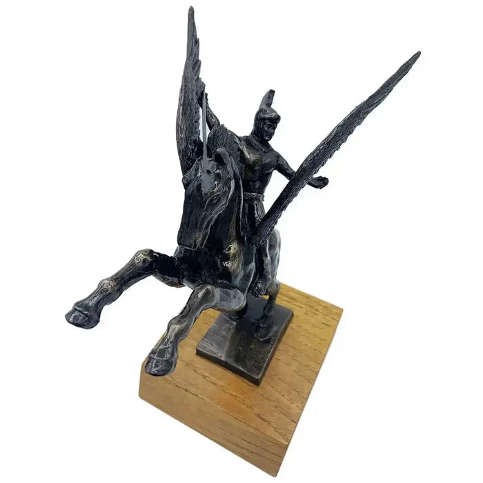 Top angle of Pegasus statue with Bellerophon in bronze resin, highlighting intricate craftsmanship on wooden base for decor display. from John Bull Clothing