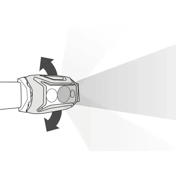 Illustration of the Petzl Actik Headtorch with Red Lighting 450 Lumens, showing its adjustable tilt function for precise beam direction. from John Bull Clothing