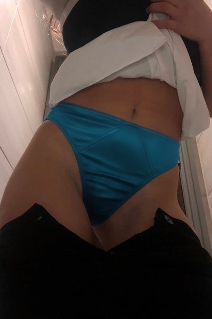 Peacock blue satin hipster panty, back and side view