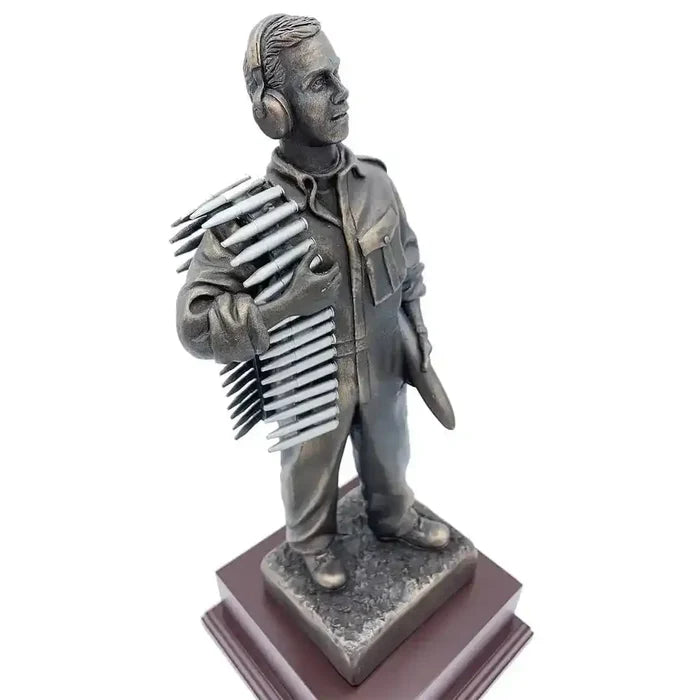 Angled top view of RAF Armourer Bronze Resin Figurine Statue with intricate ammo belt and lifelike pose, perfect for collectors. from John Bull Clothing