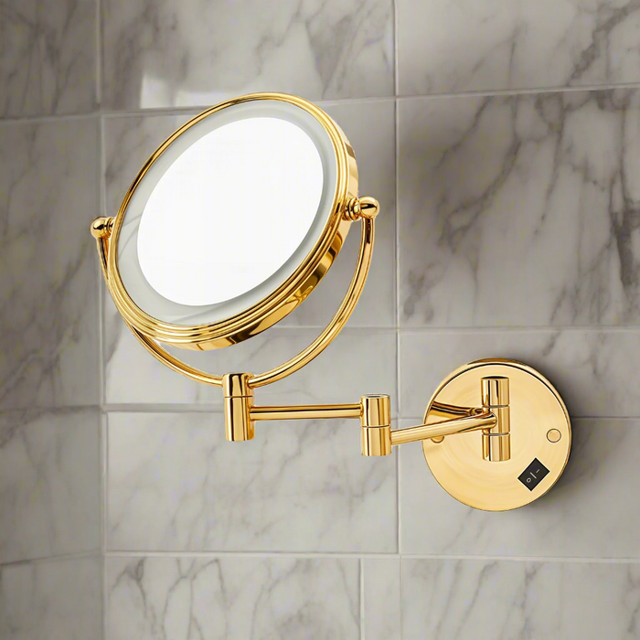 Round 3x magnification LED shaving mirror with coloured light ring and adjustable swivel arm - Glazonoid