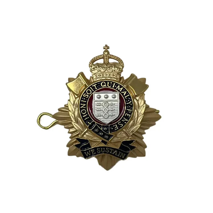 Royal Logistics Corps Officers Cap Badge with Kings Tudor Crown in gilt and silver finish, featuring enamel details and 'We Sustain' motto. from John Bull Clothing