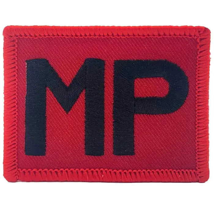 Single Royal Military Police TRF patch in red with bold black MP embroidery, iron or sew on for uniform application. Red (Coloured) from John Bull Clothing