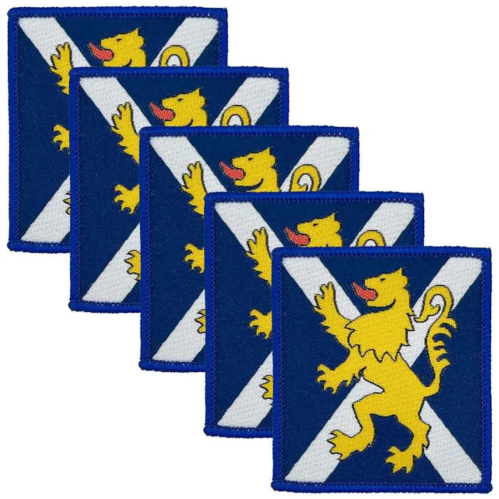 Set of five Royal Regiment of Scotland TRF patches in blue with Scottish flag and lion emblem, hook & loop backing for military uniforms. Blue (Coloured) from John Bull Clothing
