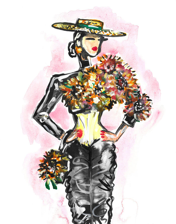 Schiaparelli Sunflower Girl Watercolor Painting
