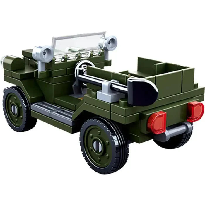 Rear view of Sluban Army WWII Allied Light Truck M38-B0682 toy jeep featuring detailed build and rear accessories for kids. from John Bull Clothing