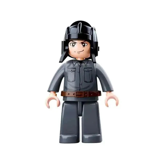 Close-up of the Sluban Army WWII soldier mini-figure wearing a black helmet and gray uniform, included in the anti-aircraft gun set. from John Bull Clothing