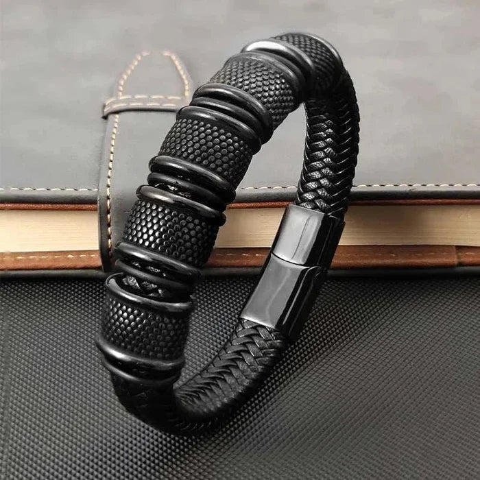 Stainless steel leather bracelet - AntoniosClothing - Black