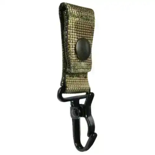 Tactical Molle Helmet Clip - Dog Clip with multicam Cordura strap and black metal snap hook for camping and hiking gear attachment. from John Bull Clothing