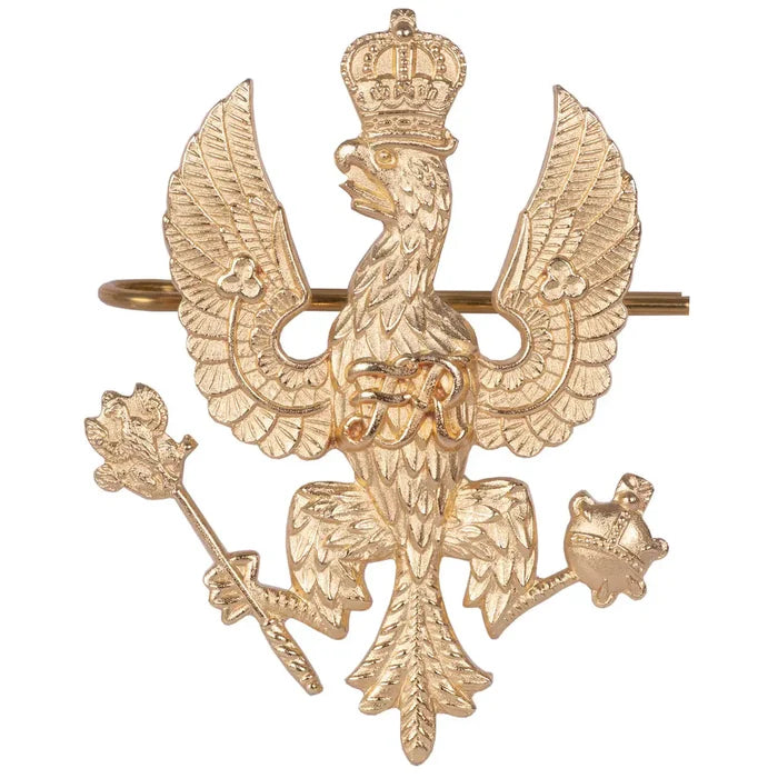 Brass Kings Royal Hussars Cap Badge (Shank & Pin) with crowned Prussian Eagle holding orb and sceptre, ideal for British Army military uniforms. Brass from John Bull Clothing