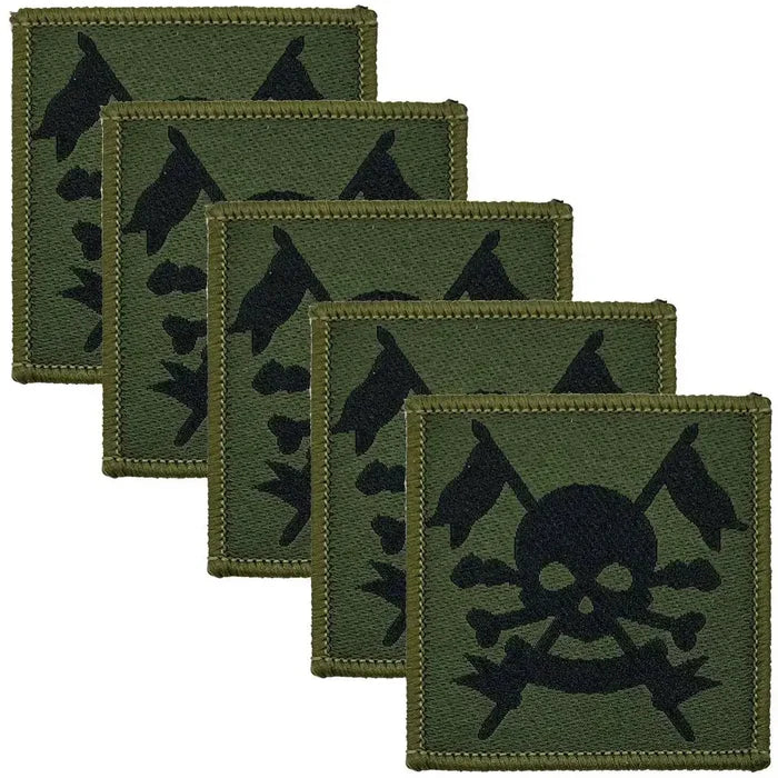 Set of five Royal Lancers TRF iron on badges with black skull and lances on green background, regulation pattern for military uniforms. 5 Pack from John Bull Clothing