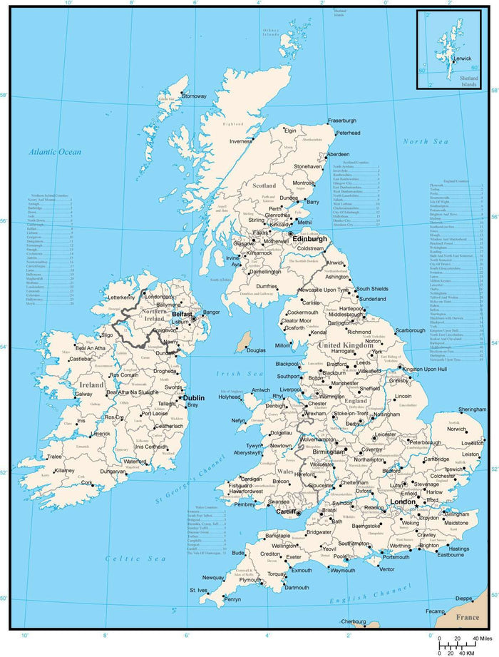 United Kingdom and Ireland Digital Vector Map with Counties