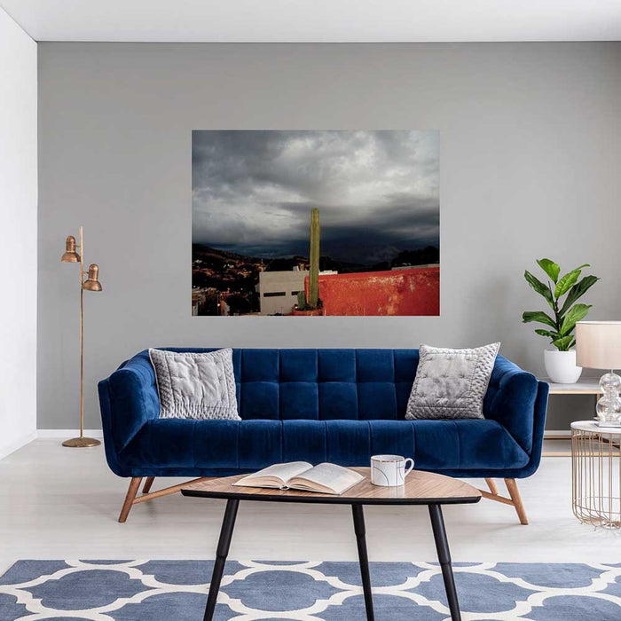 60 inch decal of a dark cloudy sky in Mexico with a potted cactus in foreground installed on a wall above sofa