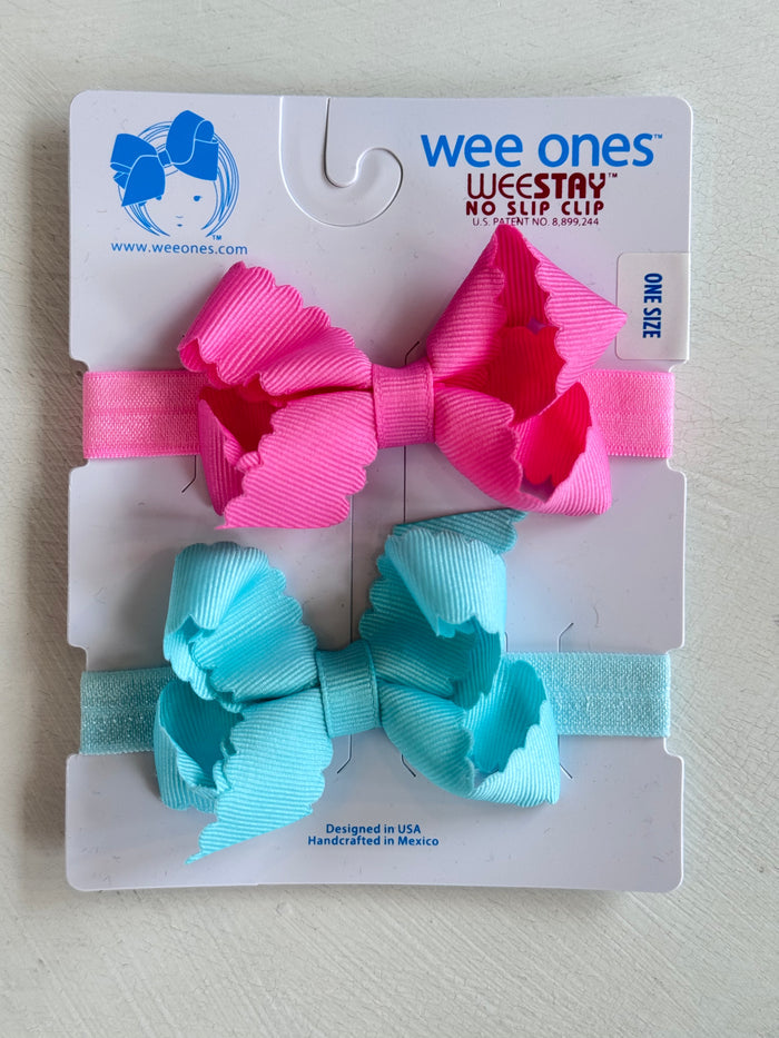 Wee Ones Bows - 2 Pack with Band - Hot Pink and Aqua Scalloped