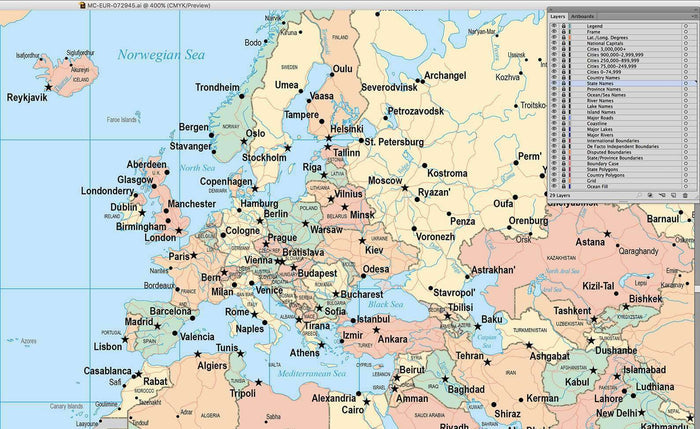 World Map in JPEG or Adobe Illustrator Vector Format - with Countries, US States, Canadian Provinces, Capital and Major Cities, and Roads - Europe / Africa Centered