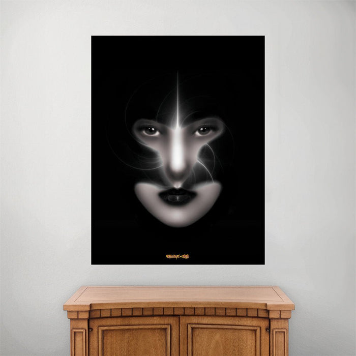 60 inch poster of fractal art of a womans face shadows by her helmet with swirling light light installed on a wall above a small wood cabinet