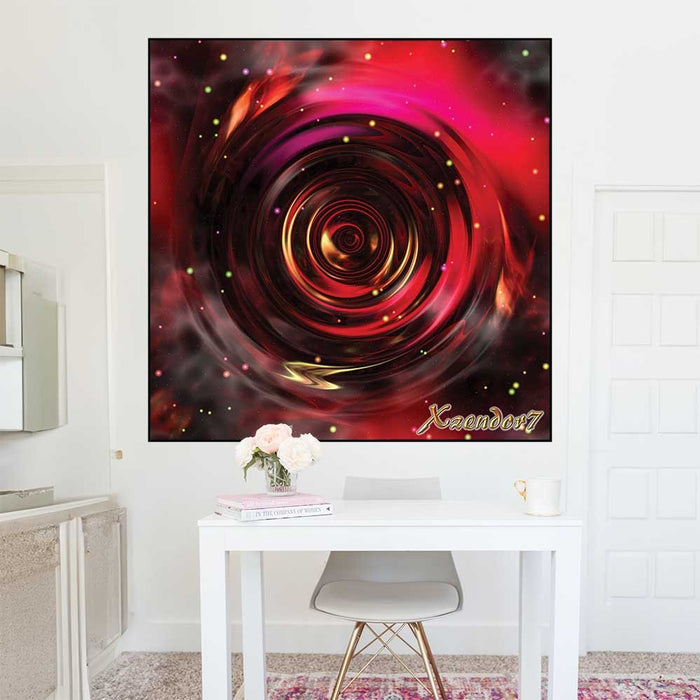 48 inch poster of an abstract red, gold and black space vortex spiral gloss poster displayed on a white wall above a desk with some books and flowers in a jar
