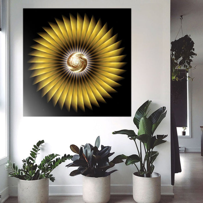 48 inch decal of a luminous golden orb pulsing with swirling fractals, surrounded by a brilliant explosion of sharp, symmetrical rays, forming a hypnotic sunburst installed on a wall above three large potted floor plants