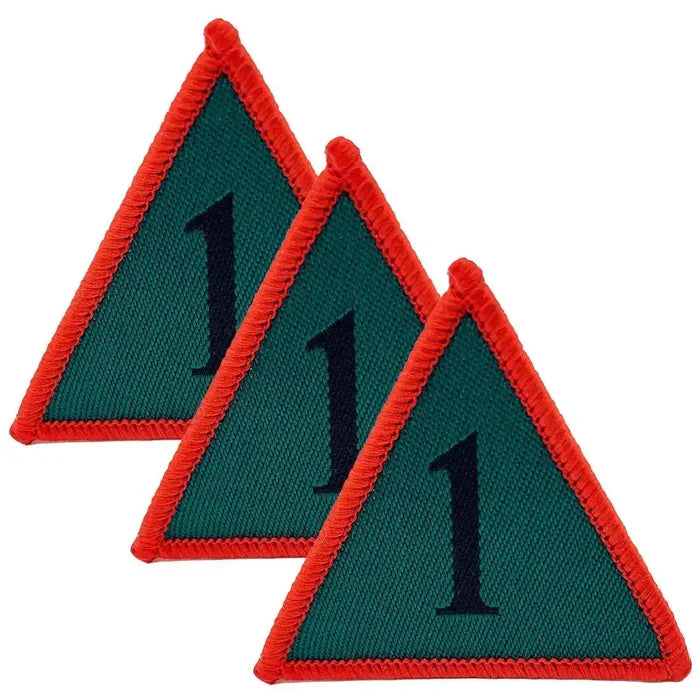 Pack of three 1st Armoured Brigade TRF patches in red, green, and black color scheme, iron or sew on, ideal for military apparel. Red (Coloured) from  John Bull Clothing